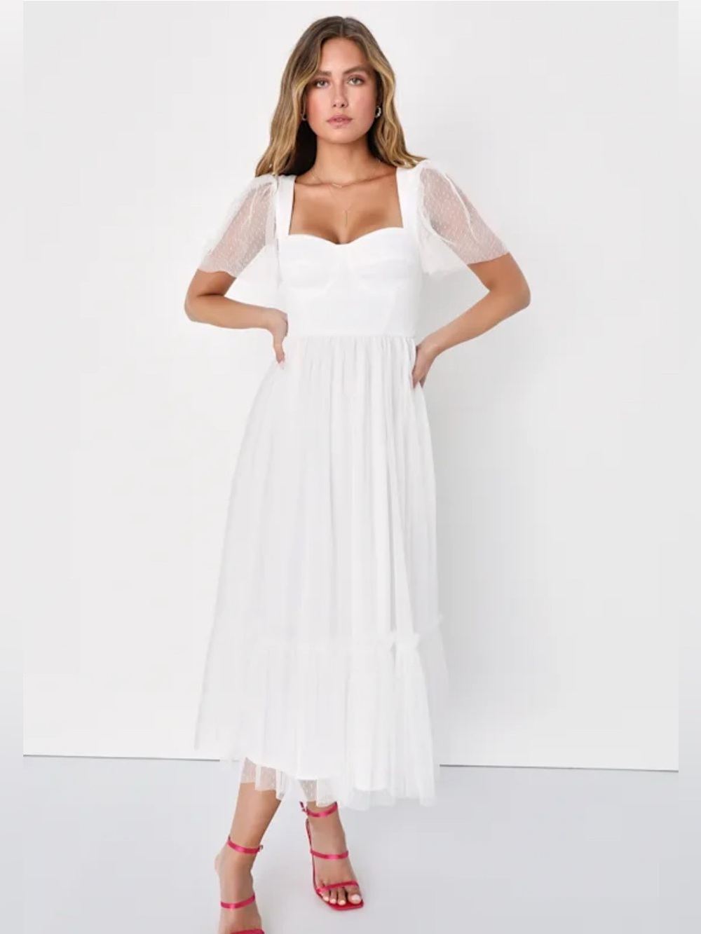 Lulus Dreamy Celebration Dress Womens Medium White Tulle Bustier Milkmaid Bride